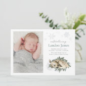 Sweet Newborn Deer Blue Green Baby Boy Foto Birth Ankündigung (Stehend Vorderseite)