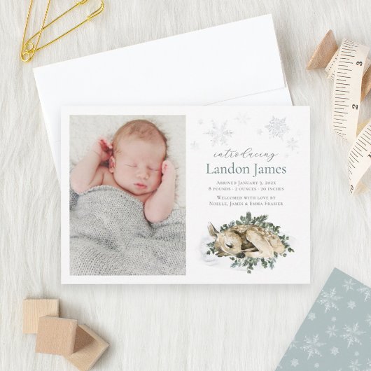 Sweet Newborn Deer Blue Green Baby Boy Foto Birth Ankündigung