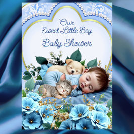 Sweet Niedlich Blue Boy Baby Shower Puppy Kitten Einladung