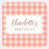 Sweet niedlich lustig pfirsichrosa Gingham kariert Quadratischer Aufkleber (Vorderseite)