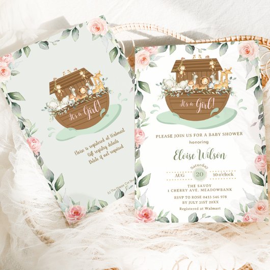 Sweet Noah's Ark Pink Floral Girl Baby Dusche Einladung
