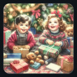 Sweet Nostalgic Children on Christmas Quadratischer Aufkleber<br><div class="desc">Weihnachtsaufkleber mit Kindern,  die ihr Geschenk vom Weihnachtsmann unter dem Baum fröhlich öffnen. Retro-nostalgische Erinnerungen aus der Mitte des Jahrhunderts mit Vintagen Farbtupfern.</div>