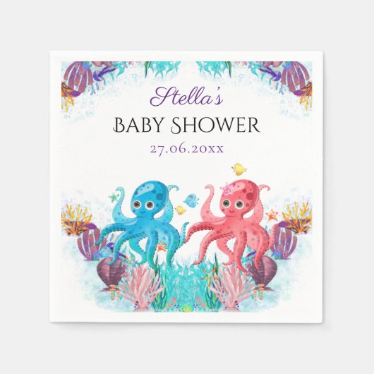 Sweet Ocean Twins Octopus Seashells Baby Dusche Serviette (Vorderseite)