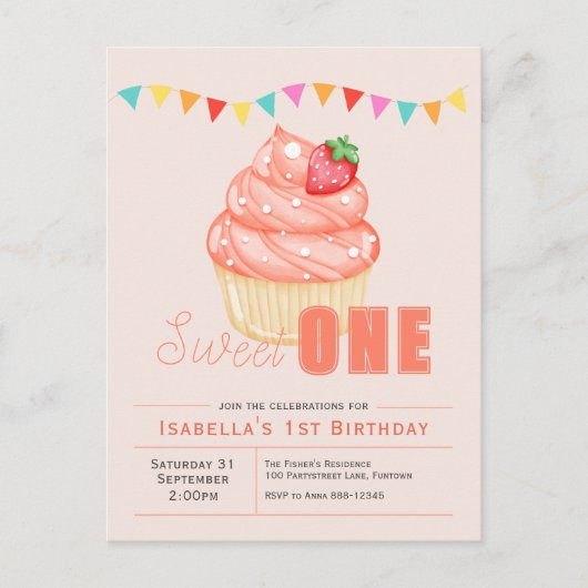 Sweet ONE 1. Geburtstagsmädchen Einladung Postkart Postkarte (Vorderseite)