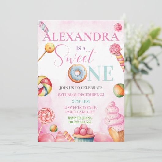 Sweet One 1st Birthday Einladung für Girls Candy (Stehend Vorderseite)