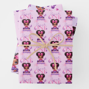 Sweet ONE Afro Puff Baby Girl Lila 1. Geburtstag Geschenkpapier Set