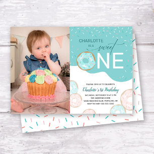Sweet One Aquamarin Zuckerguss Foto Girl's 1. Gebu Einladung