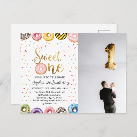 Sweet One Birthday Einladung, Donut 1. Postkarte (Vorne/Hinten)