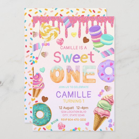 Sweet One Birthday Girl Einladung (Vorne/Hinten)