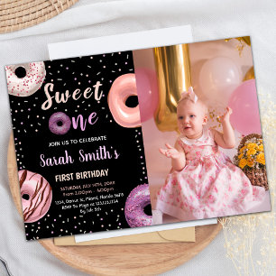 Sweet One Black Foto Donut Birthday Einladungen