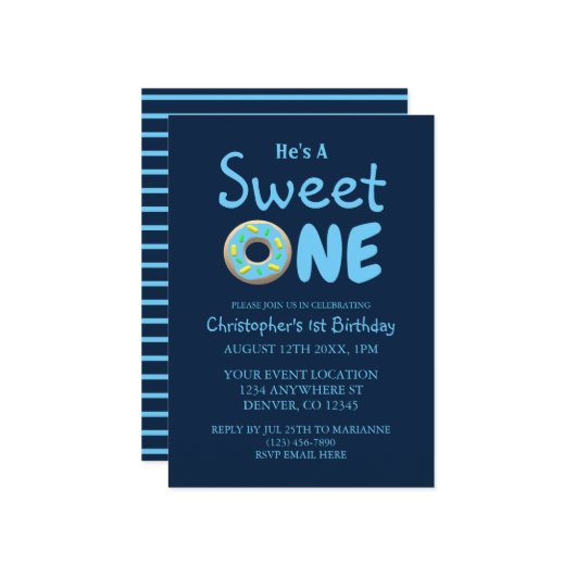 Sweet One Blue Donut Boy 1. Geburtstag Einladung (Vorderseite/Rückseite Beispiel)