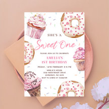 Sweet One Cupcake & Donuts Einladung zum 1. Geburt