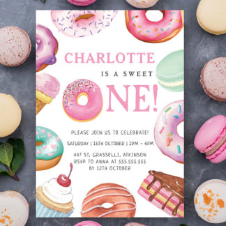 Sweet One Donut Dessert 1. Geburtstagsparty Einladung