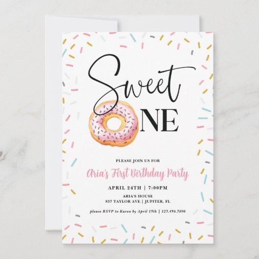 Sweet One Donut Erste Geburtstagsparty Einladung (Vorderseite)