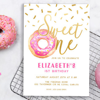 Sweet One Donut Girl 1. Geburtstag Pink Gold Party Einladung