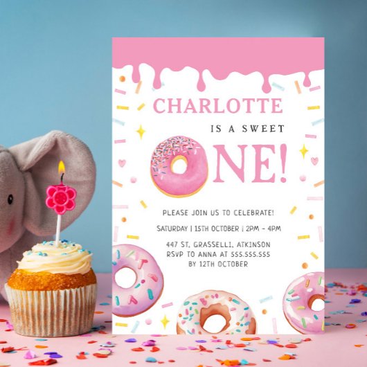 Sweet One Donut Pink Glaze Erste Geburtstagsparty Einladung