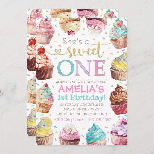 Sweet One Einladung, Cupcake Einladung (Vorne/Hinten)