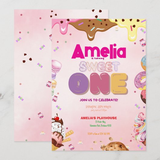 Sweet One First Birthday Einladung | Candy-Themed (Vorne/Hinten)