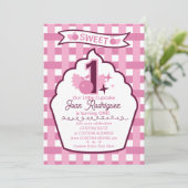 Sweet One First Birthday Gingham Photo Invitations Einladung (Stehend Vorderseite)