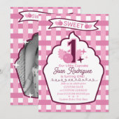 Sweet One First Birthday Gingham Photo Invitations Einladung (Vorne/Hinten)