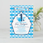 Sweet One First Birthday Gingham Photo Invitations Einladung (Stehend Vorderseite)