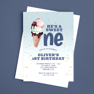 Sweet One Ice Cream Blue 1. Geburtstag Einladung