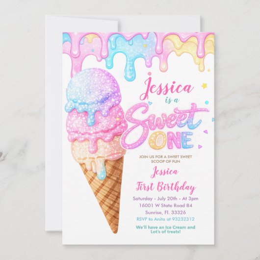Sweet One Ice Cream Pastel Glitter Birthday Einladung (Vorderseite)