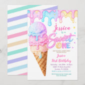 Sweet One Ice Cream Pastel Glitter Birthday Einladung (Vorne/Hinten)