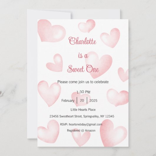 Sweet One Invitation, Sweetheart One Party, Heart Einladung (Vorderseite)