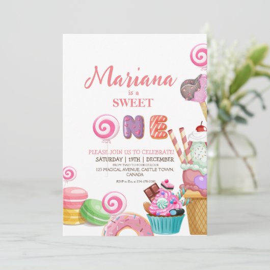 Sweet One Niedlich Ice Cream Cupcakes Kindergeburt Einladung (Stehend Vorderseite)