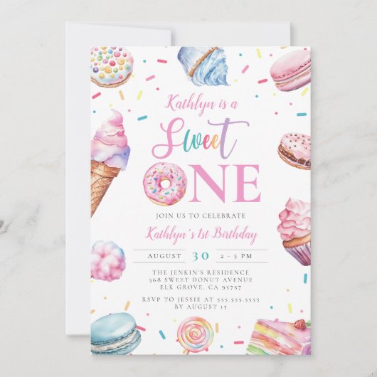 Sweet One Pastel Pink Donut Candy Erster Geburtsta Einladung (Vorderseite)