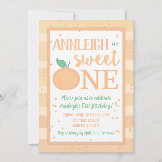 Sweet One Peach Theme Girls First Birthday Einladung (Vorderseite)
