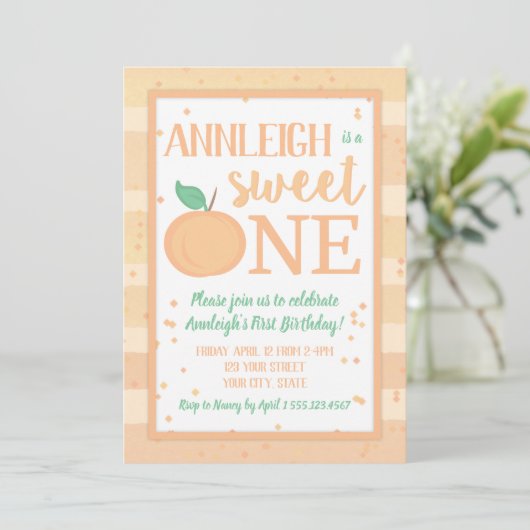 Sweet One Peach Theme Girls First Birthday Einladung (Stehend Vorderseite)