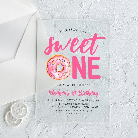 Sweet One Pink Donut 1. Geburtstag Acryleinladungen