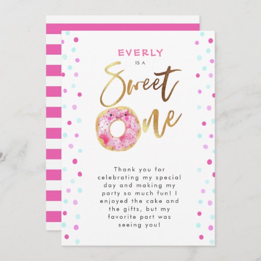 Sweet One Pink Donut Geburtstagsparty Dankeskarte (Vorne/Hinten)