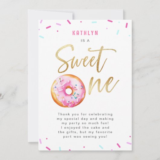 Sweet One Pink Gold Donut Sprinkles Erster Geburts Dankeskarte (Vorderseite)