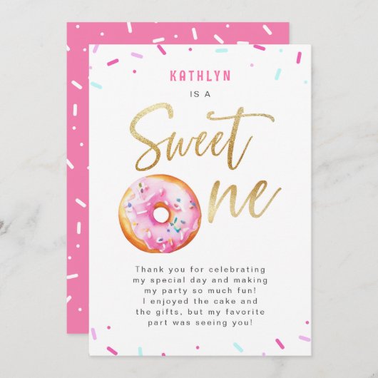 Sweet One Pink Gold Donut Sprinkles Erster Geburts Dankeskarte (Vorne/Hinten)