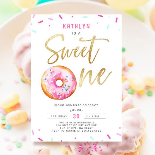 Sweet One Pink Gold Donut Sprinkles Erster Geburts Einladung