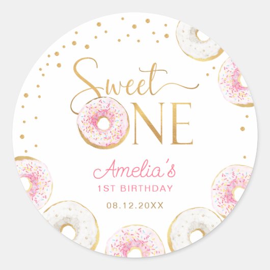 Sweet One Pink Gold Donuts Geburtstag Runder Aufkleber (Vorderseite)