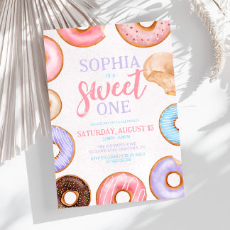 Sweet One Pink Watercolor Donuts 1. Geburtstag Einladung