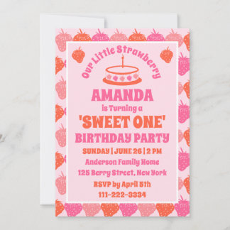 Sweet One: Retro Strawberry erste Geburtstagsparty Einladung