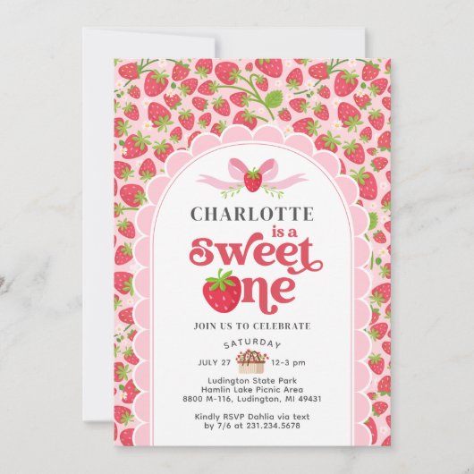 Sweet One Strawberry 1. Geburtstag Einladung (Vorderseite)