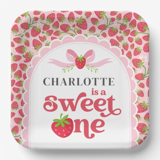 Sweet One Strawberry 1st Birthday 9" Square Pappteller (Vorderseite)