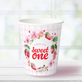 Sweet One Strawberry First Birthday Pink Kariert Pappbecher
