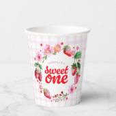 Sweet One Strawberry First Birthday Pink Kariert Pappbecher (Vorderseite)