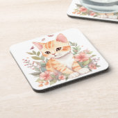 Sweet Orange Tabby Kitten mit Blume Wasserfarbe Getränkeuntersetzer (Linke Seite)