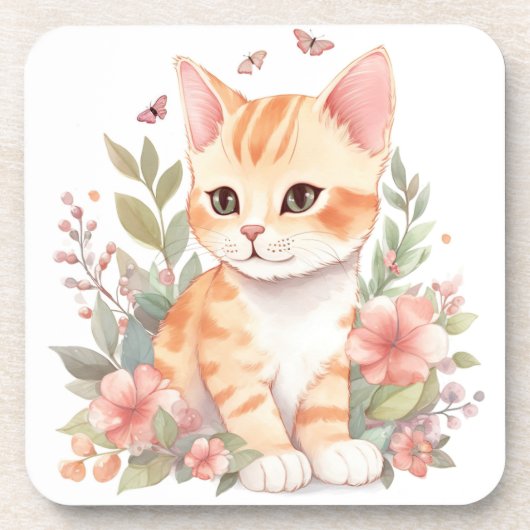 Sweet Orange Tabby Kitten mit Blume Wasserfarbe Getränkeuntersetzer (Vorderseite)