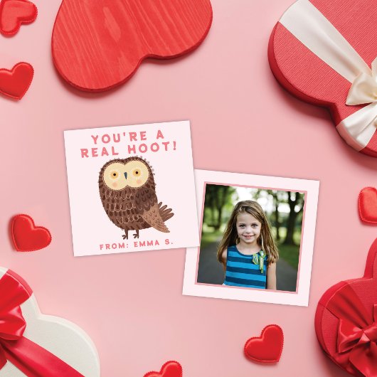 Sweet Owl Pink Valentine's Classroom Photo Card Mitteilungskarte