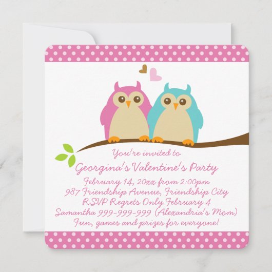 Sweet Owls in Liebe Pink Kids Valentines Party Einladung (Vorderseite)