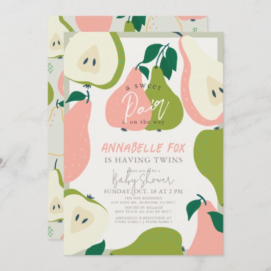 Sweet Pair Pink & Green Pear Twins Kinderdusche Einladung (Vorne/Hinten)
